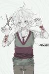  1boy blood collared_shirt cowboy_shot danganronpa_(series) danganronpa_3_(anime) dress_shirt green_pants hands_up head_tilt highres holding holding_scissors komaeda_nagito male_focus necktie no_jacket open_collar pants red_necktie scissors self-harm shirt sleeves_rolled_up solo striped_clothes striped_vest sweater_vest two-tone_vest utsucnan vest white_background white_hair wrist_cutting 