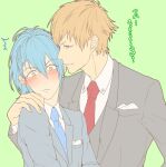  2boys blue_necktie blush brown_eyes brown_hair closed_mouth commentary_request dramatical_murder dress_shirt embarrassed green_background green_eyes grey_jacket grey_vest hand_on_another's_shoulder jacket kuwa_ayase male_focus multiple_boys necktie noiz_(dramatical_murder) red_necktie seragaki_aoba shirt short_hair simple_background translation_request upper_body vest white_shirt yaoi 