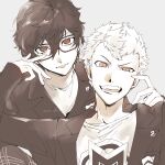  2boys :p amamiya_ren arm_up collarbone commentary_request crew_neck double-parted_bangs glasses grey_background greyscale hair_between_eyes highres jacket lapels long_sleeves looking_at_viewer male_focus monochrome multiple_boys notched_lapels open_mouth pants persona persona_5 plaid_clothes plaid_pants print_shirt sakamoto_ryuji school_uniform shirt short_hair shuujin_academy_school_uniform simple_background suit_jacket teeth tkimnh tongue tongue_out uneven_eyes upper_body v-shaped_eyebrows very_short_hair 