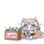  1girl barefoot black_skirt blonde_hair blue_eyes box cardboard_box cartethyia_(wuthering_waves) chewing chibi chibi_only closed_mouth commentary_request crystal earrings eating english_text facial_mark highres holding jewelry long_hair parted_bangs pointy_ears simple_background skirt solo standing syurikenmaru tacet_mark_(wuthering_waves) very_long_hair white_background wuthering_waves 
