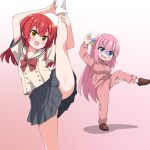  2girls :d arm_up blue_eyes blush bocchi_the_rock! breasts commentary_request cube_hair_ornament gotoh_hitori green_eyes hair_between_eyes hair_ornament highres inflexible jacket kita_ikuyo large_breasts long_hair long_sleeves looking_at_viewer medium_hair multiple_girls one_side_up open_mouth pink_hair pink_jacket red_hair sakuzo school_uniform shaded_face shirt short_sleeves shuka_high_school_uniform simple_background skirt smile socks split standing standing_on_one_leg standing_split sweat thighs track_jacket trembling white_socks 