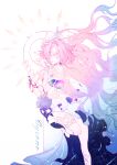  1girl absurdres bare_shoulders breasts chinese_commentary closed_eyes closed_mouth commentary_request cyrene_(demiurge)_(honkai:_star_rail) cyrene_(honkai:_star_rail) dress earrings floating_hair flower foot_out_of_frame hair_flower hair_intakes hair_ornament halo halo_behind_head highres honkai:_star_rail honkai_(series) jewelry long_hair neck_flower pink_hair planet_earrings pointy_ears purple_eyes qinglu136 smile solo standing standing_on_one_leg very_long_hair white_background white_dress 