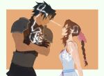  1boy 1girl aerith_gainsborough armor bare_shoulders black_gloves black_hair blue_eyes braid braided_ponytail brown_hair closed_mouth commentary couple crisis_core:_final_fantasy_vii crossed_arms dress english_commentary eye_contact final_fantasy final_fantasy_vii flower from_side gloves green_eyes hair_ribbon height_difference hetero highres leaning_forward long_hair looking_at_another lumiaeria parted_lips pink_ribbon ponytail profile ribbon short_hair shoulder_armor sleeveless sleeveless_turtleneck smile spiked_hair suspenders sweater turtleneck turtleneck_sweater upper_body white_dress zack_fair 
