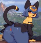  1girl animal_ears anus ass blue_fur blue_hair blurry blurry_background body_fur breasts cat_ears cat_girl cat_tail cleft_of_venus commentary english_commentary english_text fang furry furry_female highres looking_at_viewer open_mouth outdoors pal_(creature) palworld patreon_username pussy red_eyes sekhmet_(palworld) small_breasts solo tail twistedscarlett60 two-tone_fur uncensored yellow_fur 