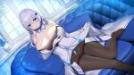  1girl bare_shoulders black_pantyhose blue_gem blush breasts cleavage clothes_lift commentary_request commission couch detached_collar diamond_(shape) dot_nose dress dress_lift dutch_angle elbow_gloves eyebrows_hidden_by_hair feet fingerless_gloves foot_out_of_frame gem gloves hair_spread_out highres izatil_(sa_ku3) jewelry kashiwamochi_yomogi lace lace_panties large_breasts long_hair necklace no_shoes on_couch open_mouth original panties panties_under_pantyhose pantyhose pentagon_(shape) sitting skeb_commission solo straight_hair taut_clothes taut_dress thighband_pantyhose underwear white_dress white_hair white_panties window 
