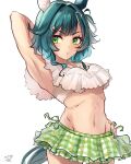 1girl absurdres animal_ears arm_up armpits bare_shoulders bikini bikini_skirt blush breasts cleavage closed_mouth commentary_request ear_covers green_eyes green_hair green_skirt hair_between_eyes highres horse_ears horse_girl horse_tail jewelry kiseki_(umamusume) looking_at_viewer medium_breasts midriff multicolored_hair navel necklace official_alternate_costume puckered_lips sasami_oishine short_hair simple_background single_ear_cover skirt solo streaked_hair swimsuit tail umamusume white_background white_bikini white_streaks 