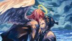  2boys absurdres angel angel_devil_(chainsaw_man) angel_wings black_hair black_jacket black_pants chainsaw_man closed_eyes cloud cloudy_sky collared_jacket commentary english_commentary from_side gloves halo hayakawa_aki highres jacket kiss layered_sleeves leaning leaning_forward long_sleeves male_focus medium_hair multiple_boys ocean outdoors pants parted_bangs ponytail profile red_hair shirt signature sky steharts suit_jacket suit_pants water white_gloves white_shirt white_wings wing_collar wings yaoi 