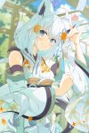  1girl absurdres ahoge animal_ear_fluff animal_ears aqua_eyes black_ribbon blurry blush braid breasts closed_mouth commentary depth_of_field detached_sleeves dot_nose floral_print floral_print_kimono flower fox_ears fox_girl fox_shadow_puppet fox_tail frilled_kimono frills hair_between_eyes hair_flower hair_ornament hair_ribbon highres hiragi_moka hololive hololive_dreams japanese_clothes kimono long_hair looking_at_viewer low_ponytail medium_breasts official_alternate_costume outdoors pentagram ponytail print_kimono ribbon shirakami_fubuki shirakami_fubuki_(kitsune's_rite) side_braid sidelocks sleeveless sleeveless_kimono smile solo sukonbu_(shirakami_fubuki) tail virtual_youtuber white_hair white_kimono wide_sleeves wind_chime yukata 