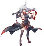  1girl animal_ears asymmetrical_legwear black_gloves black_sleeves black_thighhighs breasts closed_mouth commentary_request eyepatch full_body gloves highres holding holding_sword holding_weapon huge_weapon inubashiri_momiji kuro-ekaki looking_at_viewer medium_breasts mismatched_legwear mismatched_thighhighs ninja red_scarf scarf short_hair simple_background single_glove solo sword thighhighs touhou weapon white_background white_hair wolf_ears wolf_girl yellow_eyes 