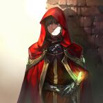  1boy against_wall belt black_belt black_gloves brick_wall brown_eyes brown_hair cape closed_mouth commentary_request gloves glowing glowing_crystal highres hood hood_up jun_(navigavi) looking_to_the_side male_focus nose original outdoors red_cape red_robe revision robe shaded_face short_hair solo sword upper_body vambraces weapon 