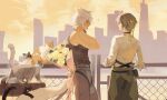  2boys absurdres animal_ear_fluff animal_ears asaba_harumasa back bare_shoulders belt black_cat black_hair black_pants black_shirt blue_eyes blush bouquet building cat choker clothes_around_waist cloud cloudy_sky commentary_request fence flower from_behind from_side grey_cat grey_pants hair_between_eyes hand_on_own_neck headband hhhye_tw highres holding holding_behind_back holding_bouquet leaf looking_at_viewer looking_down male_focus multiple_boys multiple_cats multiple_others orange_cat pants seth_lowell shirt short_hair sky sleeveless sleeveless_shirt sleeveless_turtleneck sleeves_rolled_up tail turtleneck turtleneck_shirt white_cat white_flower white_hair white_shirt yaoi yellow_eyes yellow_headband yellow_sky zenless_zone_zero 