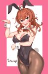  1girl ahoge animal_ear_hairband animal_ears arashi_(kancolle) black_leotard black_pantyhose blush bow bowtie breasts cleavage detached_collar embarrassed fake_animal_ears full_cleavage hairband highres kantai_collection leotard long_hair looking_at_viewer medium_breasts pantyhose pink_background playboy_bunny rabbit_ear_hairband rabbit_ears rabbit_tail red_hair smile solo strapless strapless_leotard sweat tail white_wrist_cuffs wrist_cuffs yatsurugi 