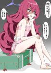  1girl absurdres blood_trail blue_archive clothing_cutout commentary_request fluffy_hair from_side gradient_background grey_eyes halo highres iroha_(blue_archive) iroha_(swimsuit)_(blue_archive) long_hair on_suitcase one-piece_swimsuit open_mouth pink_one-piece_swimsuit purple_halo red_hair shaded_face side_cutout simple_background solo speech_bubble suitcase swimsuit translated tsurubaamii yandere 