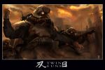  3boys armor artist_name black_border blurry blurry_background border cable cityscape cloud cloudy_sky combat_helmet concept_art english_text faux_traditional_media field_radio gas_mask gloves glowing glowing_eyes gun hand_up helmet highres holding holding_gun holding_weapon male_focus mask military military_uniform multiple_boys nuclear_dawn pauldrons radio_antenna shoulder_armor sky soldier submachine_gun ukitakumuki utility_pole weapon 