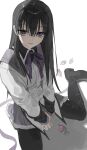  1girl akemi_homura akemi_homura_(magical_girl) argyle_clothes argyle_pantyhose black_hair black_pantyhose commentary_request expressionless frilled_skirt frills highres long_hair looking_at_viewer magical_girl mahou_shoujo_madoka_magica mahou_shoujo_madoka_magica_(anime) mumukyabi neck_ribbon pantyhose purple_eyes purple_ribbon purple_skirt ribbon sitting skirt solo soul_gem_(madoka_magica) wariza white_background 