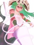 1girl bleach bleach:_sennen_kessen-hen body_fur breasts brown_eyes centaur closed_mouth commentary cowboy_shot double-sided_polearm elbow_pads facial_mark green_fur green_hair hair_between_eyes highres holding holding_polearm holding_weapon large_breasts long_hair metaporika navel nelliel_tu_odelschwanck polearm resurreccion see-through_cleavage see-through_clothes shoulder_pads sidelocks signature simple_background skull skull_on_head solo standing stomach taur weapon white_background 