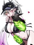  1girl bare_shoulders baseball_cap bikini black_bikini black_hands black_hat blowing_kiss blush body_markings breasts choker cleavage colored_extremities commentary crossed_bangs demon_girl demon_horns fate/grand_order fate_(series) green_eyes green_jacket grey_hair hair_between_eyes hat high_ponytail highres horns jacket large_breasts lilith_(fate) lilith_(swimsuit_rider)_(fate) lilith_(swimsuit_rider)_(first_ascension)_(fate) long_hair long_sleeves looking_at_viewer mcpc_zamurai multicolored_jacket navel off_shoulder one_eye_closed pink_jacket ponytail solo stomach_tattoo swimsuit tattoo thigh_strap thighs two-tone_jacket untranslatable_commentary zipper_bikini 