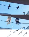  2girls :< ahoge bird_girl bird_tail bird_wings blonde_hair blue_eyes blue_hair blue_sky building closed_eyes coloki commentary_request cup drinking from_below hair_ornament highres holding holding_cup multiple_girls photo-referenced photo_inset sky suisui_(wuthering_waves) tacet_mark_(wuthering_waves) tail teacup wings wuthering_waves yangyang_(wuthering_waves) 