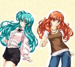  1990s_(style) 2girls alternate_costume blouse blue_eyes blue_hair bracelet breasts celica_(fire_emblem) denim eirika_(fire_emblem) fire_emblem fire_emblem:_the_sacred_stones fire_emblem_echoes:_shadows_of_valentia galibra hairband highres jeans jewelry long_hair medium_breasts multiple_girls pants red_eyes red_hair retro_artstyle shirt smile tomodachi_life tomodachi_life:_living_the_dream urushihara_satoshi_(style) very_long_hair white_hairband yellow_background 