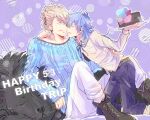  2boys birthday_date blonde_hair blue_hair blue_ribbon blush cake character_name commentary_request dramatical_murder earrings face-to-face food happy_birthday highres holding holding_cake holding_food jewelry kneeling knees_up male_focus multiple_boys neck_ribbon pants purple_background ribbon seragaki_aoba shirt surinrei trip_(dramatical_murder) white_pants white_shirt yaoi 
