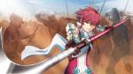  1girl 6+others armor army battlefield clenched_teeth fire_emblem fire_emblem_fates floating_scarf full_armor gloves highres hinoka_(fire_emblem) holding holding_polearm holding_weapon japanese_armor japanese_clothes looking_at_viewer multiple_others naginata outdoors polearm red_eyes red_hair scarf short_hair sidelocks solo_focus teeth vekneim weapon white_scarf 