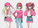  3girls alternate_costume amamiya_ren bare_legs bare_shoulders belt blonde_hair blue_eyes blue_nails blue_pants blue_skirt blush bow brown_eyes brown_hair buckle character_charm character_doll charm_(object) choker closed_mouth collarbone commentary_request crop_top cropped_jacket denim denim_skirt doll earrings fashion feet_out_of_frame fingerless_gloves flipped_hair gloves grey_background hair_bow hand_on_own_hip hat heart heart-shaped_buckle heart_choker heart_earrings heart_necklace highres hto1324 in-franchise_crossover jacket jeans jewelry korean_commentary kujikawa_rise long_hair long_sleeves looking_at_viewer midriff multiple_girls nail_polish narukami_yu necklace off-shoulder_sweater off_shoulder one_eye_closed open_clothes open_jacket pants persona persona_3 persona_4 persona_5 pink_belt pink_bow pink_choker pink_gloves pink_hat pink_jacket pink_nails pink_skirt pink_sweater ribbed_sweater short_hair skirt sleeves_past_wrists smile sweater takamaki_ann takeba_yukari tarot the_lovers_(tarot) trait_connection twintails wavy_hair y2k_fashion yellow_nails yuuki_makoto_(persona_3) 