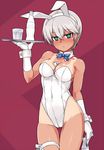  animal_ears bare_legs bare_shoulders between_breasts blush bottle bow bowtie breasts bunny_ears bunny_girl bunnysuit cleavage coca-cola coke_bottle covered_navel cup detached_collar fake_animal_ears gloves green_eyes highleg large_breasts laura_toth looking_at_viewer money money_hold null_(nyanpyoun) short_hair silver_hair soda solo tan tanline thigh_gap thigh_strap toned white_gloves world_witches_series wrist_cuffs 