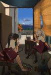  2girls absurdres ahoge asashimo_(kancolle) bare_legs black_boots black_hair black_pantyhose blue_sky boots bottle bow bowtie chair cloud collared_shirt colored_inner_hair day dress flower full_body gradient_sky green_bow green_bowtie grey_eyes grey_hair hair_ornament hair_over_one_eye hair_rings hair_scrunchie highres holding holding_bottle kantai_collection kuragare long_hair multicolored_hair multiple_girls naganami_(kancolle) ocean on_chair outdoors pantyhose parted_bangs pink_hair pleated_dress ponytail red_dress red_flower scrunchie shaped_cloud shirt short_sleeves siblings sidelocks sisters sitting sky soaking_feet very_long_hair white_shirt 