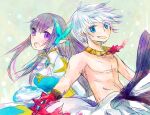  1boy 1girl arch_bishop_(ragnarok_online) back-to-back belt black_belt blue_dress blue_eyes butterfly_hair_ornament commentary cross dormir_(challco) dress green_background hair_ornament juliet_sleeves long_hair long_sleeves looking_at_viewer open_mouth pants puffy_sleeves purple_eyes purple_hair ragnarok_online short_hair sura_(ragnarok_online) topless_male two-tone_dress upper_body white_dress white_hair white_pants 