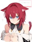 1girl ange_katrina ange_katrina_(1st_costume) animal_ear_fluff animal_ears bare_shoulders blue_eyes cat_ears cat_tail closed_mouth commentary_request contrast_collar ears_down frown gradient_eyes hair_between_eyes hair_intakes hair_ornament hairclip hands_on_own_knees happachan2do6 highres kemonomimi_mode knees_up long_sleeves looking_at_viewer marshmallow_(site) medium_hair multicolored_eyes nijisanji off_shoulder purple_eyes red_hair red_tail request_inset simple_background sleeveless solo tail translation_request triangle_hair_ornament upper_body virtual_youtuber white_background 