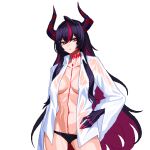  1girl ahoge black_panties body_markings breasts choker closed_mouth collarbone collared_shirt commentary_request dragon_girl dragon_horns finger_claws hair_between_eyes hair_ornament hairclip hand_on_own_hip head_tilt horns huge_ahoge korean_commentary large_breasts long_hair long_sleeves looking_to_the_side multicolored_hair navel neverness_to_everness open_clothes open_shirt panties pixel_art purple_hair red_eyes see-through_clothes see-through_shirt shade shinku_(nte) shirt simple_background solo standing stomach streaked_hair suchooo thighs two-tone_hair underwear upper_body wet wet_clothes wet_shirt white_background white_shirt 
