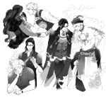  2boys ^_^ aladdin_(sinoalice) apron ascot aura belt bridal_gauntlets cape chinese_clothes cleavage_cutout closed_eyes clothing_cutout collared_shirt commentary commission crossdressing crossdressing_(mtf) drag_queen english_commentary feather_boa fishnet_top fishnets formal_clothes fringe_trim gem glasses gloves hair_ornament hair_slicked_back hair_spray hairclip hameln_(sinoalice) happy hat holding_hands jewelry jiangshi long_hair looking_at_another monochrome multicolored_hair multiple_boys multiple_persona necklace obi pants sash second-party_source shirt short_hair simple_background sinoalice solla_(0569cm) sparkle tassel two-tone_hair vampire watch white_background wristwatch yaoi 