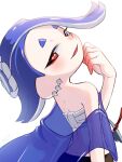  1girl amakusa_setoka back bare_shoulders black_pants blue_shawl blush cephalopod_eyes colored_fingertips commentary_request dimples_of_venus from_behind hand_on_own_chin hand_up highres looking_at_viewer looking_back multiple_piercings octoling open_mouth pants red_eyes rope sarashi see-through_clothes see-through_shawl sequential_piercings shawl shimenawa shiver_(deep_cut_outfit)_(splatoon) shiver_(splatoon) simple_background solo splatoon_(series) splatoon_3 suction_cups upper_body white_background 