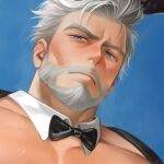  1boy bara beard black_bow black_bowtie blue_background blush bow bowtie closed_mouth detached_collar english_commentary eyebrow_cut facial_hair grey_hair highres igor_(reverse:1999) looking_at_viewer male_focus reverse:1999 sweatdrop unfinished uyouu19 