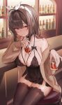  1girl absurdres ahoge alcohol bar_(place) bare_shoulders bell black_choker black_nightgown black_panties black_thighhighs bottle breasts brown_cardigan brown_hair cardigan choker cleavage closed_mouth collarbone commentary_request cup drinking_glass dsr-50_(girls'_frontline) girls'_frontline girls'_frontline_2:_exilium hair_intakes hairband han_bulldog hand_up highres holding holding_cup huge_ahoge ice ice_cube indoors korean_commentary large_breasts light_particles lingerie long_hair long_sleeves looking_at_viewer loreley_(girls'_frontline_2) loreley_(twilight_whisper)_(girls'_frontline_2) neck_bell nightgown official_alternate_costume on_stool panties panties_visible_through_clothes red_eyes see-through_clothes see-through_nightgown shelf sideboob sidelocks single_bare_shoulder single_off_shoulder sitting sleeves_past_wrists smile solo stool table thighhighs thighs underwear very_long_hair white_hairband 