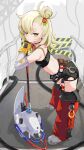  1girl absurdres black_shorts black_tube_top blonde_hair breasts closed_mouth commentary_request crop_top detached_pants detached_sleeves from_side gloves goggles goggles_around_neck green_eyes hair_bun highres kroble leaning_forward leaning_on_weapon long_hair looking_at_viewer piper_wheel pout shorts small_breasts solo spiked_shirt standing strapless tube_top yellow_gloves zenless_zone_zero 
