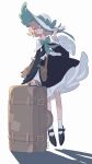  1girl aqua_bow artist_name bag black_dress blonde_hair bow brown_bag closed_mouth commentary dress frilled_dress frills full_body green_bow hand_on_headwear hand_up hat hat_bow hat_ribbon highres holding holding_suitcase long_sleeves looking_at_viewer off-shoulder_dress off_shoulder one_eye_closed original renren_(ah_renren) ribbon shadow shoes short_hair simple_background socks solo suitcase white_background white_hat white_socks wide_sleeves 