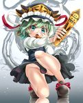  aqua_eyes green_hair hand_to_head hat hat_ribbon looking_at_viewer mikoma_sanagi no_panties no_socks open_mouth outstretched_arm ribbon rod_of_remorse shiki_eiki shirt skirt solo squatting touhou vest 