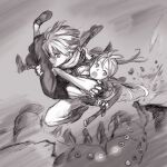  1boy 1girl blurry blurry_background carrying carrying_person commentary_request dagger debris fingerless_gloves fingernails from_side full_body gloves glowing glowing_eyes grey_background highres jun_(navigavi) knife long_hair looking_to_the_side lower_teeth_only making-of_available monochrome monster open_mouth original pants parted_lips princess_carry running shirt shoes short_hair sketch skirt teeth vambraces very_short_hair weapon 