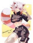 1girl absurdres black_bra black_shorts bra breasts colored_tips crop_top cropped_jacket demenishki facial_mark fluffy_tail grin highres horns indie_virtual_youtuber large_breasts looking_at_viewer multicolored_hair orange_hair purple_eyes red_panda_ears red_panda_girl red_panda_tail see-through_cleavage see-through_clothes short_hair shorts smile solo thighs underwear virtual_youtuber whisker_markings white_hair zero-go 