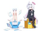  2girls arona_(blue_archive) ass black_eyes black_hairband black_pantyhose black_shirt black_shoes black_skirt blue_archive blue_panties blue_shirt colored_inner_hair hairband halo linear_71 long_hair long_sleeves looking_at_another multicolored_hair multiple_girls panties pantyhose pantyshot photo-referenced pink_hair plana_(blue_archive) puff_of_air red_halo shirt shoes simple_background sitting skirt striped_clothes striped_panties through_ground underwear upside-down very_long_hair white_background white_hair white_panties white_shoes white_skirt 