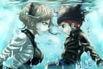  1boy 1girl air_bubble beanie belt belt_buckle black_belt black_dress black_eyes black_hat black_jacket black_pants blonde_hair blue_pants breasts brown_hair bubble buckle buttons caustics collared_jacket collared_shirt commentary_request contrast_collar cowboy_shot danganronpa_(series) danganronpa_v3:_killing_harmony dress face-to-face fake_horns floating_hair frilled_hairband frilled_shirt_collar frills green_eyes grey_hairband hairband hat highres horned_headwear horns hoshi_ryoma jacket knee_up lapels large_breasts leather leather_jacket long_sleeves necktie notched_lapels open_mouth pants pinafore_dress prison_clothes purple_necktie shirt shiruko_(mikan4649) short_hair short_male sleeveless sleeveless_dress spoilers striped_clothes striped_pants taller_female_shorter_male tojo_kirumi two-tone_pants underwater upper_body white_shirt zipper zipper_pull_tab 