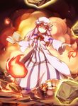  book boots crescent dress fireball frown hair_ribbon hat heterochromia highres long_hair patchouli_knowledge purple_hair red_eyes ribbon shinonome_haru solo touhou yellow_eyes 