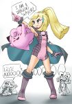  3girls :d arm_behind_back arm_up artist_name blonde_hair blush_stickers bodysuit boots center-flap_bangs clair_(pokemon) clair_(pokemon)_(cosplay) clefairy closed_eyes closed_mouth commentary cosplay crying english_commentary english_text fang gem gloves green_eyes hair_between_eyes high_braided_ponytail highres knee_boots kneeling lillie_(pokemon) long_hair lusamine_(pokemon) mother_and_child mother_and_daughter multiple_girls o_o open_mouth parent_and_child pearl pink_bodysuit pink_gloves pointing pokemon pokemon_heartgold_and_soulsilver pokemon_masters_ex pokemon_sun_and_moon purple_boots reaching reaching_towards_another sarahc simple_background sleeveless sleeveless_bodysuit smile sparkle_hair_ornament streaming_tears tareme tears thumbs_up trembling v-shaped_eyebrows very_long_hair white_background 