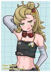  1girl absurdres arm_behind_head black_shorts black_tube_top blonde_hair blush breasts character_name commentary_request crop_top detached_sleeves earrings gloves goggles goggles_around_neck green_eyes hair_bun highres jewelry long_hair looking_at_viewer midriff navel nmn03 open_mouth piper_wheel shorts small_breasts solo spiked_shirt strapless sweat tube_top twitter_username upper_body yellow_gloves zenless_zone_zero 