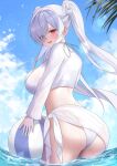  1girl ass back ball beachball bikini blue_sky blush breasts cinderella_(crystal_wave)_(nikke) cinderella_(nikke) cloud commentary_request flower from_behind goddess_of_victory:_nikke hair_flower hair_ornament hair_over_one_eye highres holding holding_ball holding_beachball large_breasts long_hair long_sleeves looking_at_viewer ocean official_alternate_costume onabe_no_shime open_mouth outdoors red_eyes sarong shirt sky smile solo swimsuit twintails wading water white_hair white_sarong white_shirt 