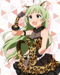  1girl :d ahoge animal_ears animal_print arm_strap blue_eyes breasts card_commentary cleavage commentary_request cowboy_shot dress fake_animal_ears fake_tail fingerless_gloves floating_hair frilled_dress frills fur_collar game_asset gaogao_leopard_(idolmaster) gloves green_hair hand_up idolmaster idolmaster_million_live! idolmaster_million_live!_theater_days leopard_ears leopard_print leopard_tail long_hair medium_breasts official_alternate_costume official_art open_mouth print_dress print_gloves shimabara_elena short_dress sleeveless sleeveless_dress smile solo standing tail third-party_source 