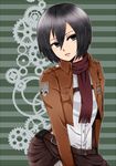  bad_id bad_pixiv_id banana_(nhk668) belt black_eyes black_hair emblem jacket mikasa_ackerman paradis_military_uniform scarf shingeki_no_kyojin short_hair solo thigh_strap training_corps_(emblem) 