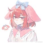  1girl absurdres alternate_costume animal_ears animal_hat arknights blue_bow bow chinese_commentary closed_mouth collared_shirt commentary_request cosplay crownslayer_(arknights) dopperu_ben fake_animal_ears frilled_shirt_collar frills glaring hair_between_eyes hair_ornament hairclip hat highres hood hood_up jitome looking_at_viewer my_melody my_melody_(cosplay) my_melody_(series) pink_hat protected_link red_eyes red_hair sanrio shirt short_hair simple_background solo upper_body watermark weibo_watermark white_background white_shirt 