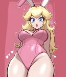  1girl animal_ear_hairband animal_ears arms_behind_back bare_shoulders blonde_hair blue_eyes bow bowtie breasts bunny_day cleavage covered_navel detached_collar fake_animal_ears from_below hair_between_eyes hairband heart highleg highleg_leotard highres large_breasts leotard long_hair looking_at_viewer looking_down mario_(series) muis0802 open_mouth pink_bow pink_bowtie pink_leotard playboy_bunny princess_peach rabbit_ear_hairband rabbit_ears red_background sidelocks solo strapless strapless_leotard sweatdrop thick_thighs thighs 